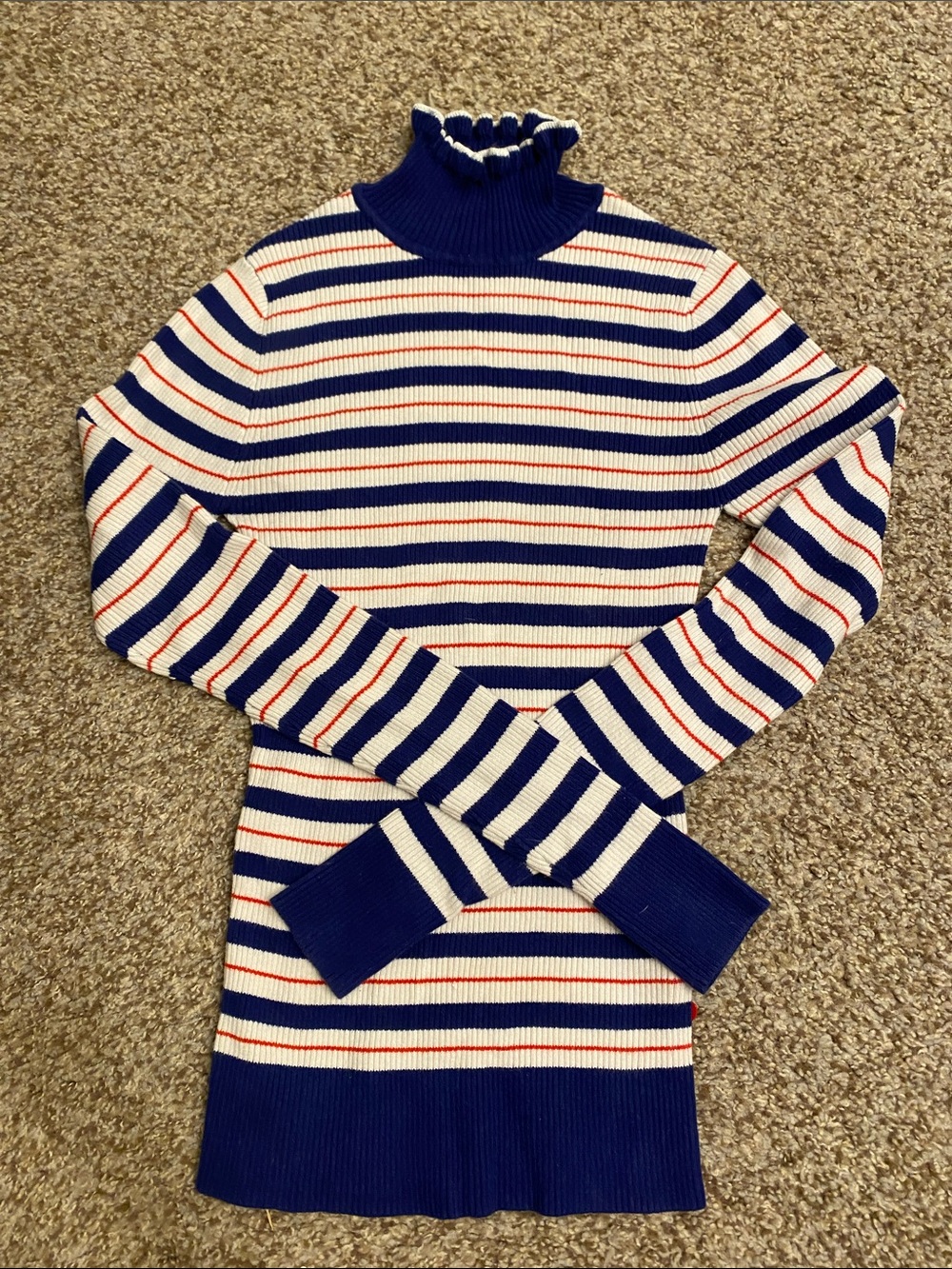 Scotch & Soda Navy, White and Red Striped Ribbed Turtleneck